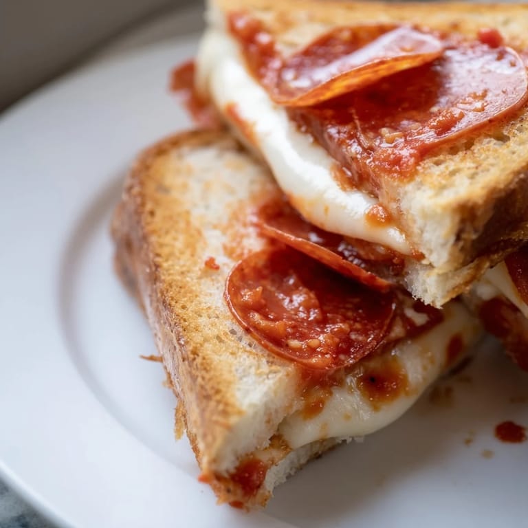 Dipping the warm pizza grilled cheese in marinara brings out the delicious Italian-American fusion flavors.