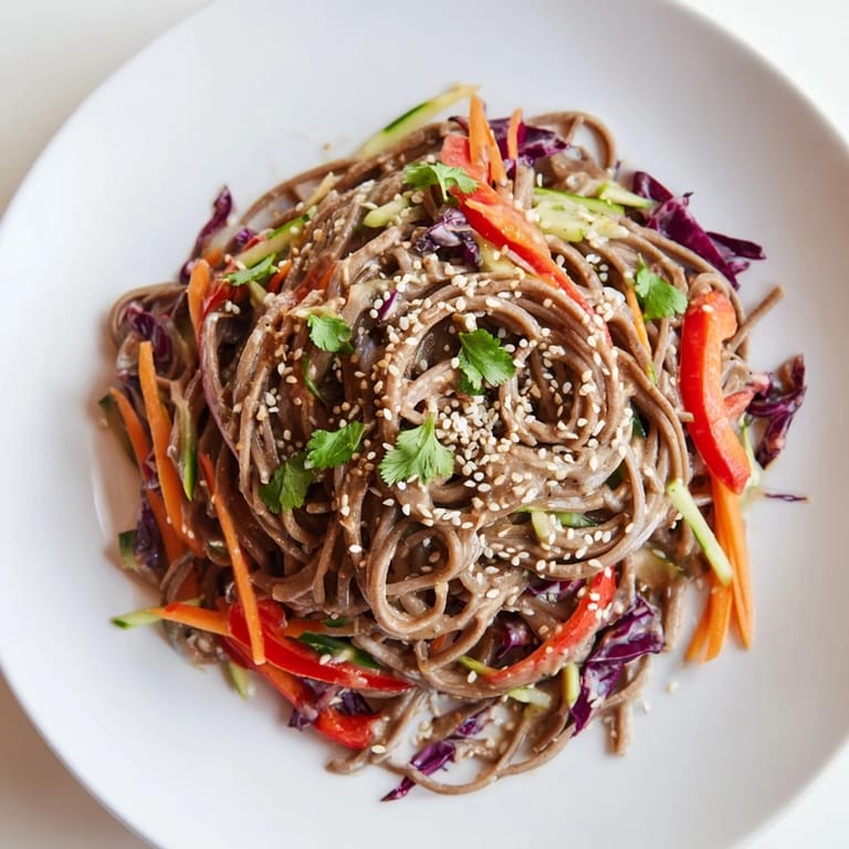 Bowl of chilled soba noodle salad, a light and satisfying Japanese-inspired recipe, perfect for a summer lunch.