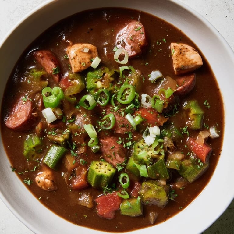 Deep brown roux base in this vibrant Gumbo Okra Soup, a taste of Louisiana comfort food served with rice.