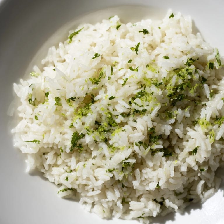 Fluffy Cilantro Lime Rice, showcasing flecks of green cilantro and a squeeze of fresh lime juice.