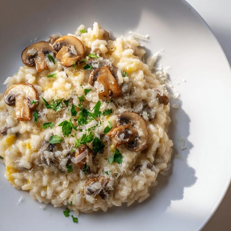 A close-up of a bubbling risotto with mushrooms, showing the creamy texture and fresh parsley.