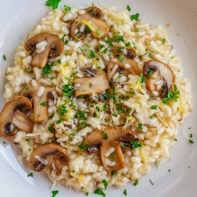 Italian risotto with mushrooms, richly flavored and garnished, is a delicious vegetarian main dish.