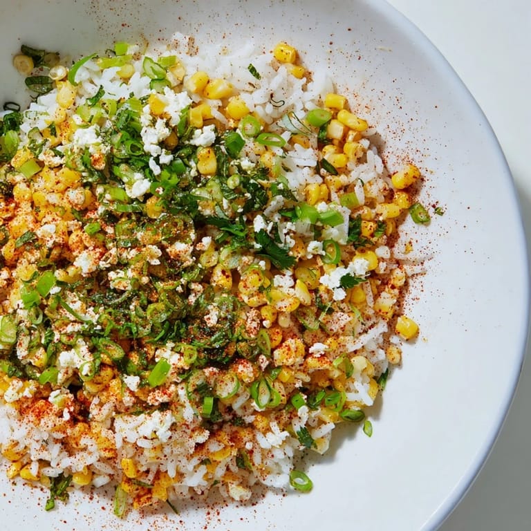 Close-up of creamy Mexican Street Corn Rice, a vegetarian delight with cotija cheese and fresh herbs.
