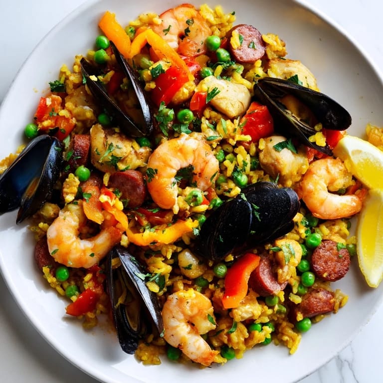 A steaming skillet of Paella Spanish Rice offering a tantalizing mix of textures and savory flavors.
