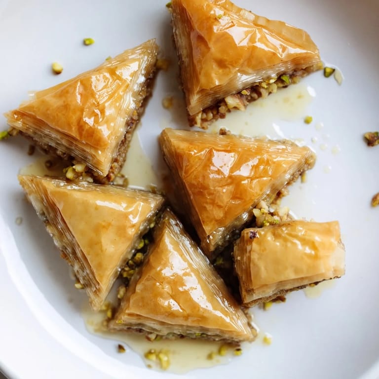 A close-up of freshly baked Turkish Baklava, showing its layered texture and glistening honey.