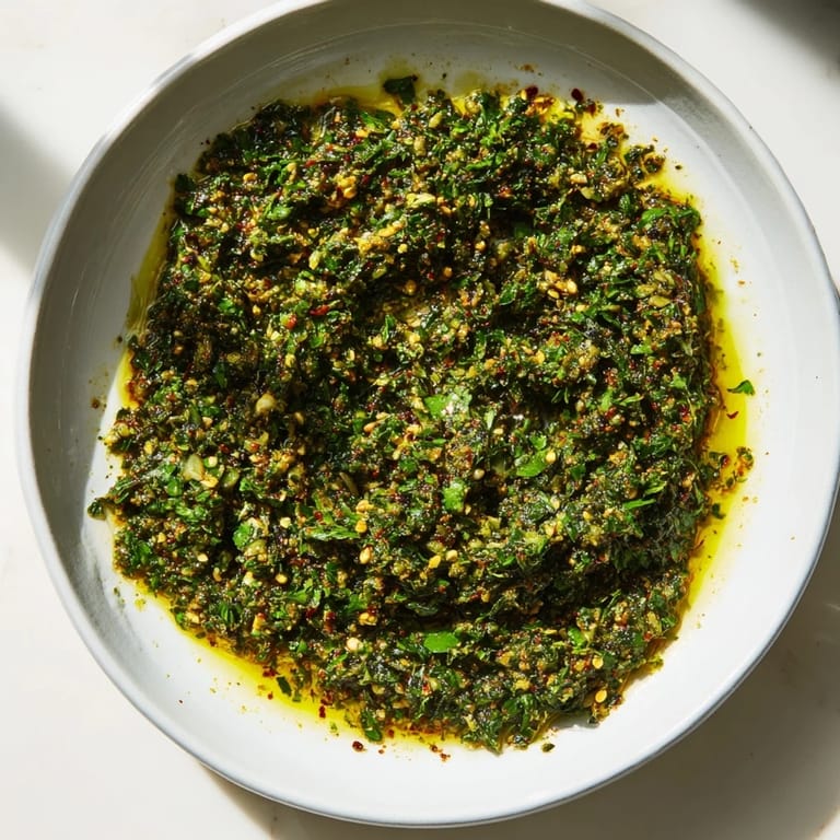 A close-up of a rustic bowl filled with aromatic Moroccan Chermoula Marinade, perfect for flavorful fish.