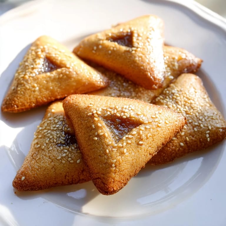 Close-up of golden Makroudh, traditional Tunisian semolina cookies, showing the sweet date filling.