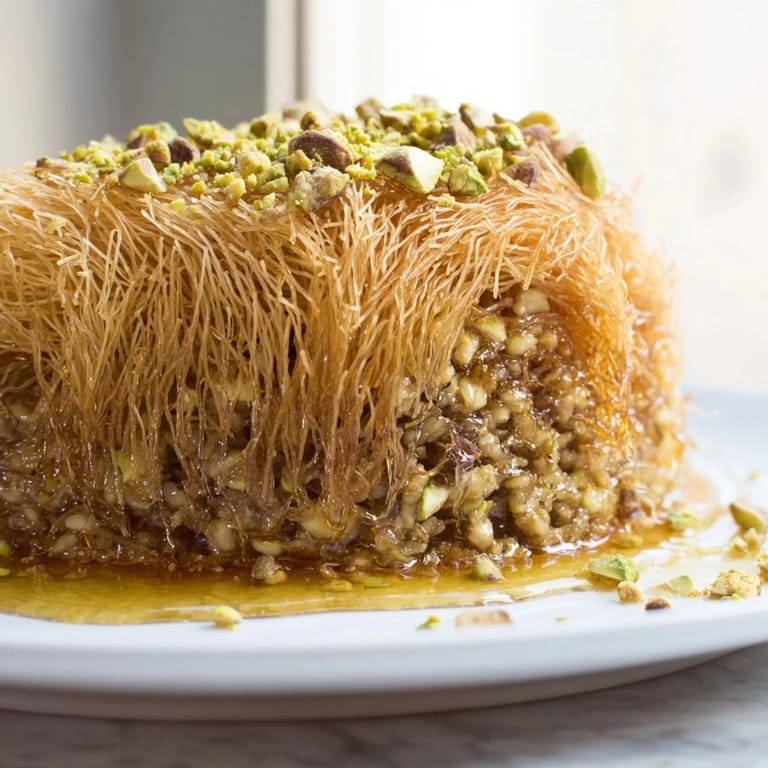 A stack of rich, sweet Egyptian Konafa, showcasing the layered texture and vibrant, spiced filling.