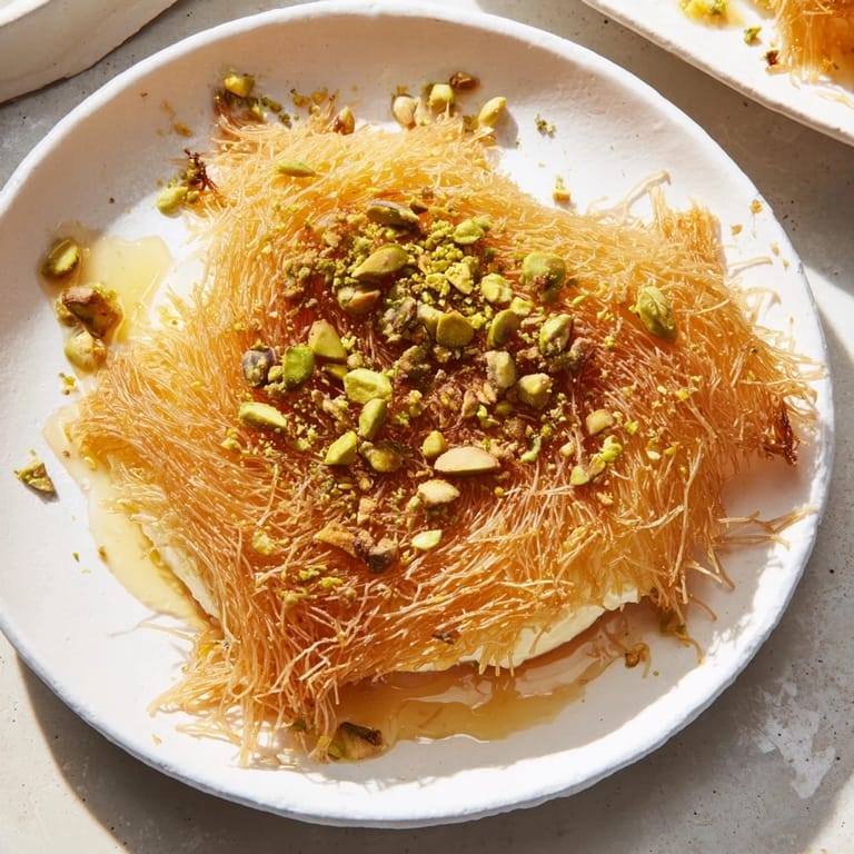 Close-up of warm, cheesy Lebanese Knafeh, garnished with pistachios, ready to be enjoyed.