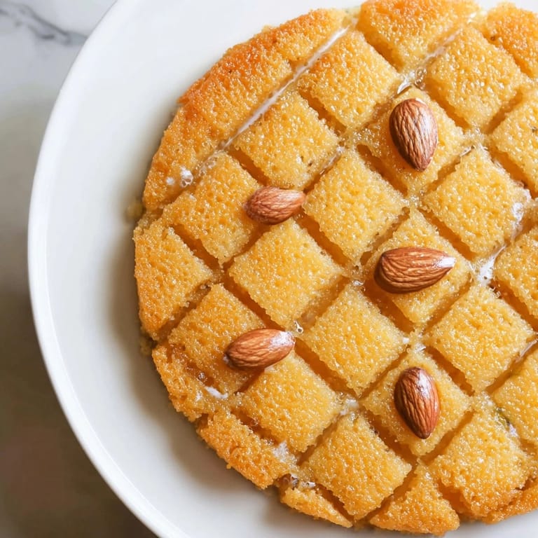 This simple Egyptian Basbousa dessert shows off a beautiful, golden-brown semolina cake drizzled with syrup and almonds.