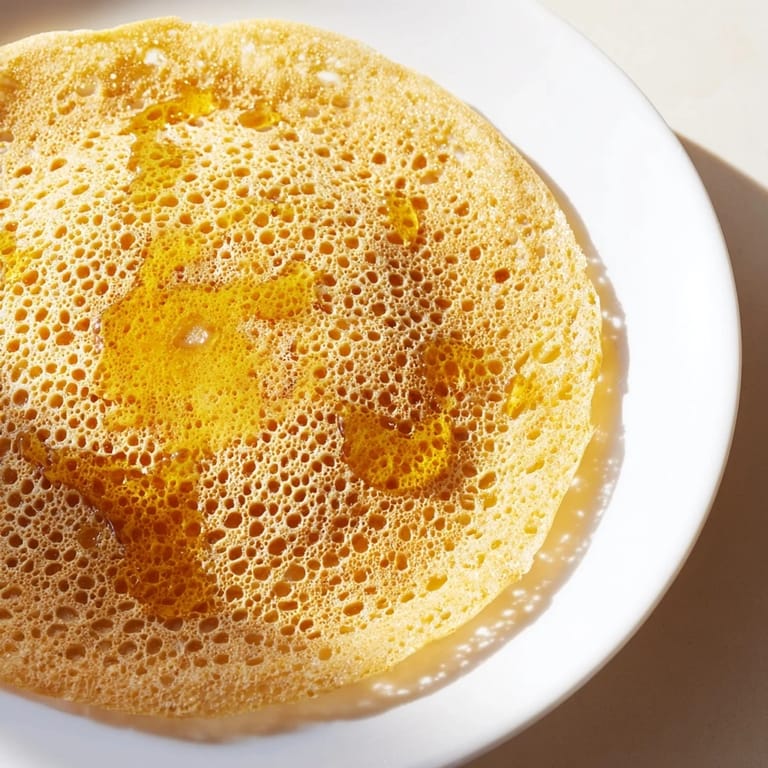 Close-up of bubbling Baghrir, the traditional Moroccan crepe, showing the characteristic honeycomb texture.