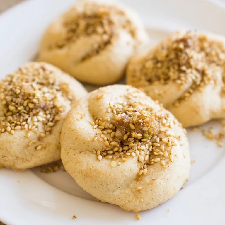 Buttery date-filled Palestinian Kahk cookies, ready to eat alongside a warm cup of coffee.