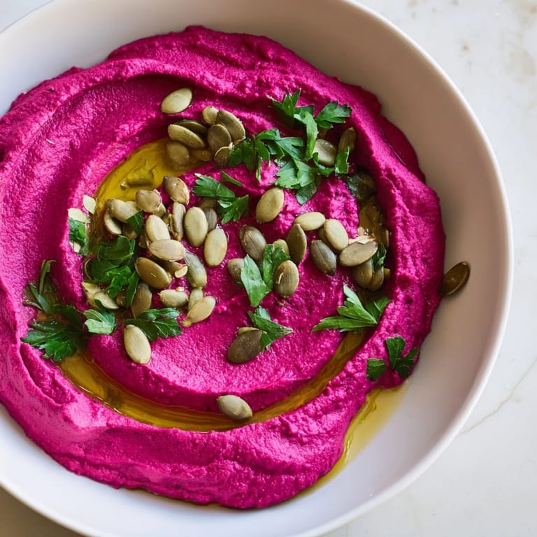 Creamy beet hummus spread on pita bread, garnished with fresh parsley and sesame seeds for a colorful appetizer.  