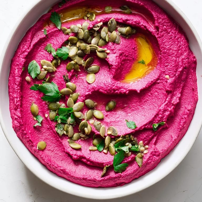Earthy roasted beet hummus in a ceramic dish, paired with crisp raw vegetables for dipping, ready to serve.