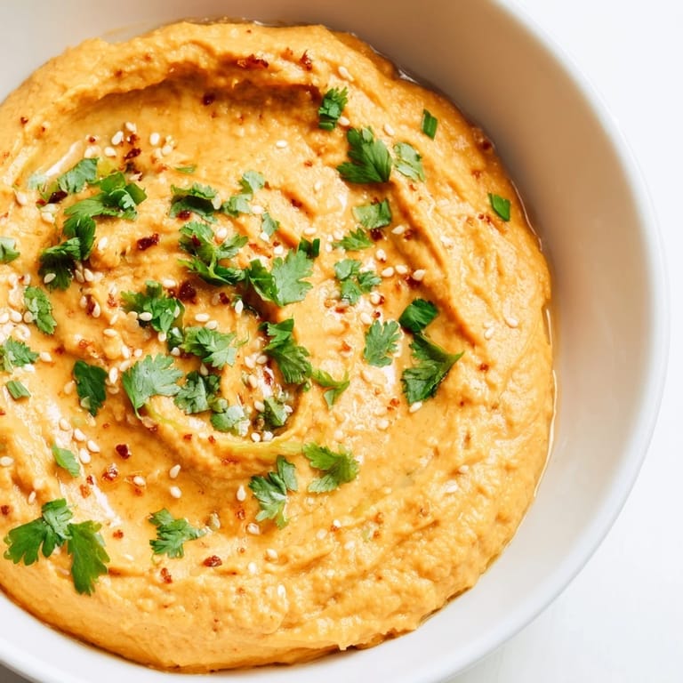 Roasted carrots and fresh ginger blend into a creamy, healthy dip garnished with cilantro and sesame seeds.