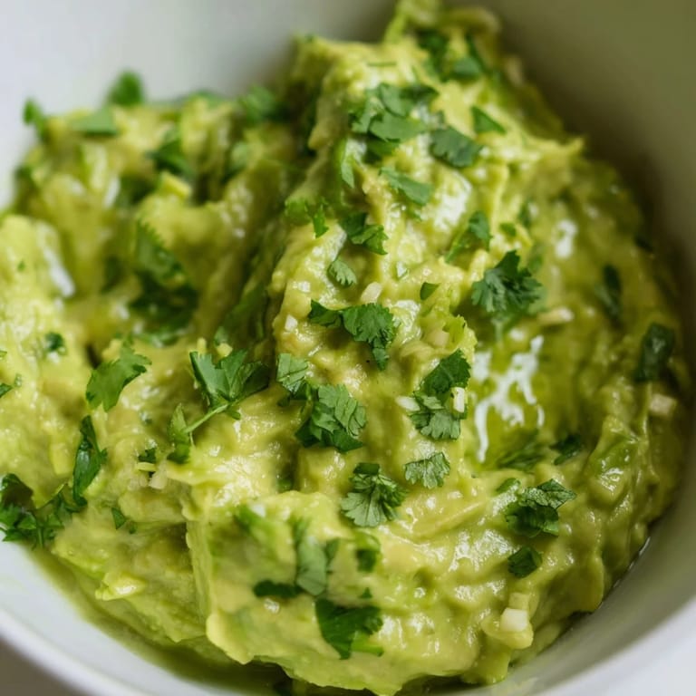 Ripe avocado dip with zesty lime, chopped cilantro, and jalapeño for a Mexican-inspired appetizer served in a white bowl.