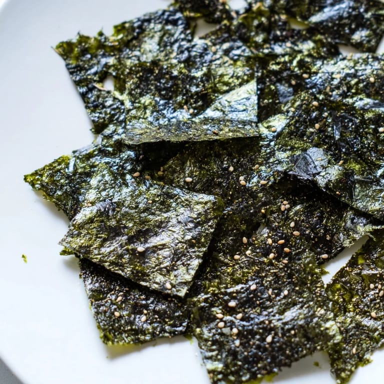 Ready-to-eat roasted seaweed chips served in a small bowl, perfect for a light, vegan, and gluten-free snack.