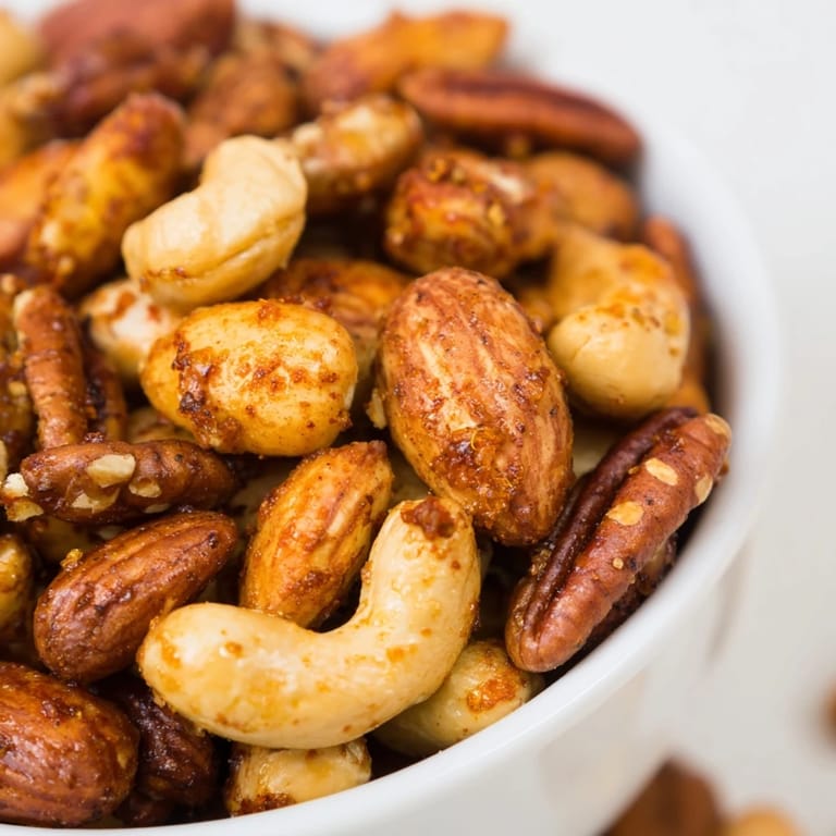 A rustic serving of spiced nuts mix next to cheese and crackers, perfect for snacking or entertaining on an appetizer board.