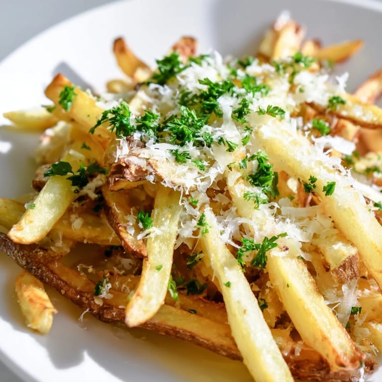 Oven-baked Truffle Parmesan Fries tossed with chopped parsley, served hot alongside creamy garlic aioli for dipping.