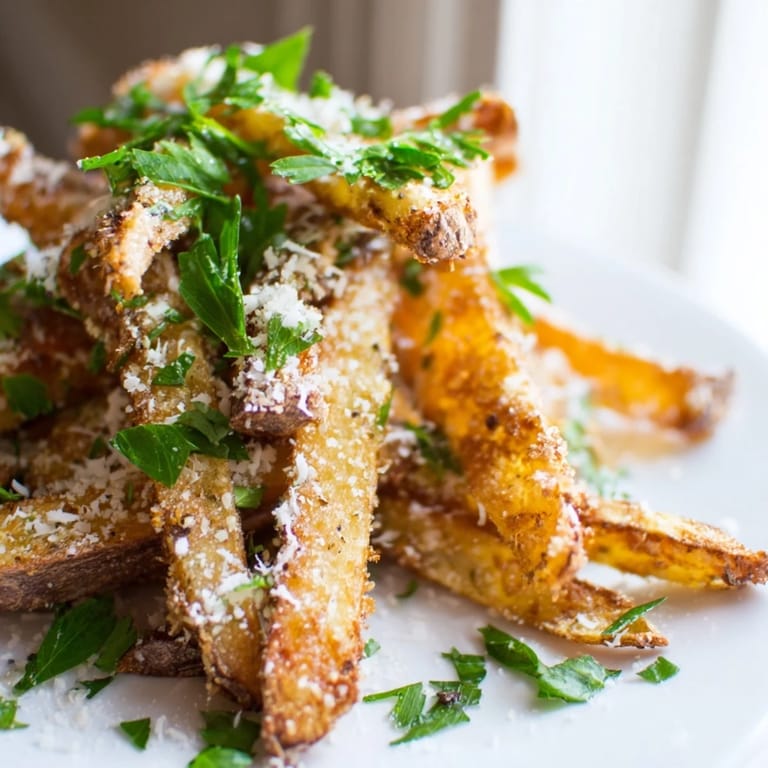 Crispy russet potato fries tossed in rich truffle oil and freshly grated Parmesan for an aromatic, savory snack.