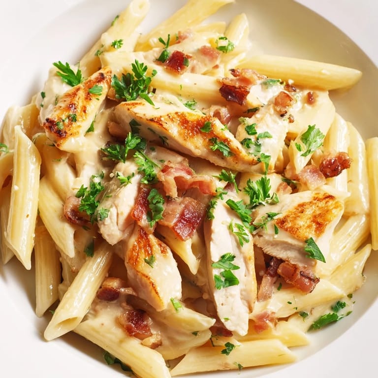 Creamy Chicken Bacon Penne twirled on a fork, showcasing rich Parmesan cream sauce clinging to each al dente noodle.