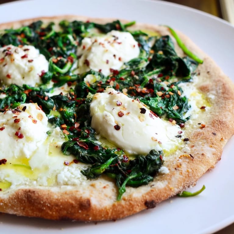 Close-up of a spinach ricotta pizza, highlighting creamy ricotta and sautéed spinach on a thin crust.