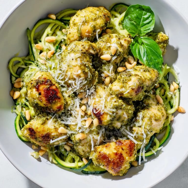 A close-up of the Pesto Zucchini Chicken Bowl shows golden sautéed chicken nestled among crisp zucchini spirals, finished with fresh basil.