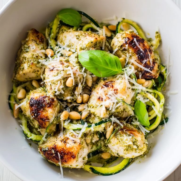 Healthy gluten-free Pesto Zucchini Chicken Bowl ready to serve, with lemony pesto glistening on zucchini noodles and juicy chicken pieces.