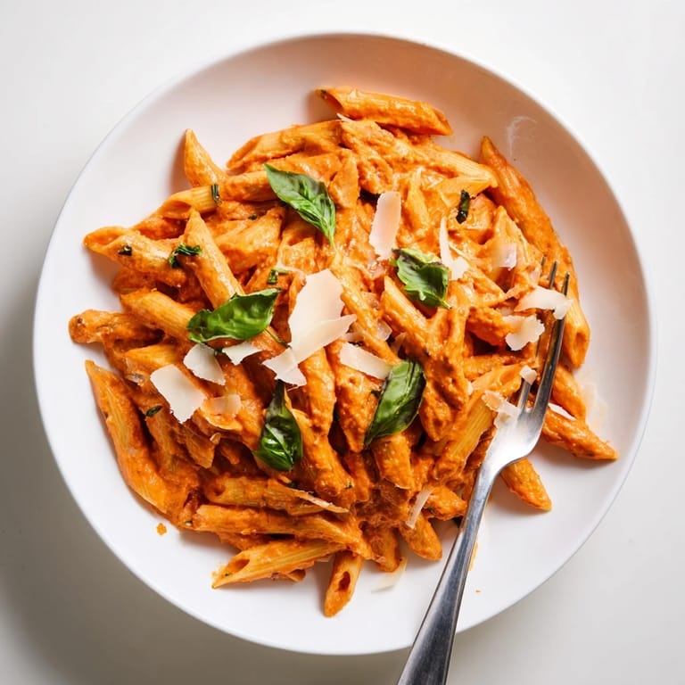 A close-up of Roasted Red Pepper Pasta with glossy, vibrant sauce, steam rising and garlic bread on the side.  