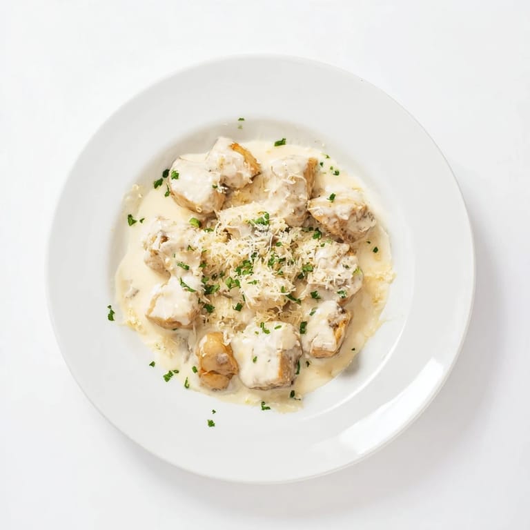 Tender Creamy Garlic Chicken Bites served hot over pasta with fresh parsley garnish.  