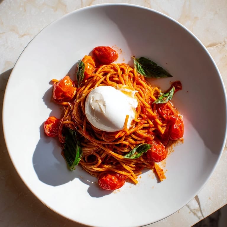 Plated Burrata Caprese Pasta garnished with torn basil and a drizzle of olive oil, showcasing a creamy, comforting Italian-inspired main dish.  