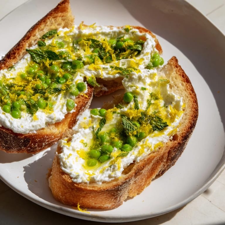 Served warm on crunchy sourdough, this Pea & Mint Ricotta Toast features bright green peas and fresh mint for a light lunch.