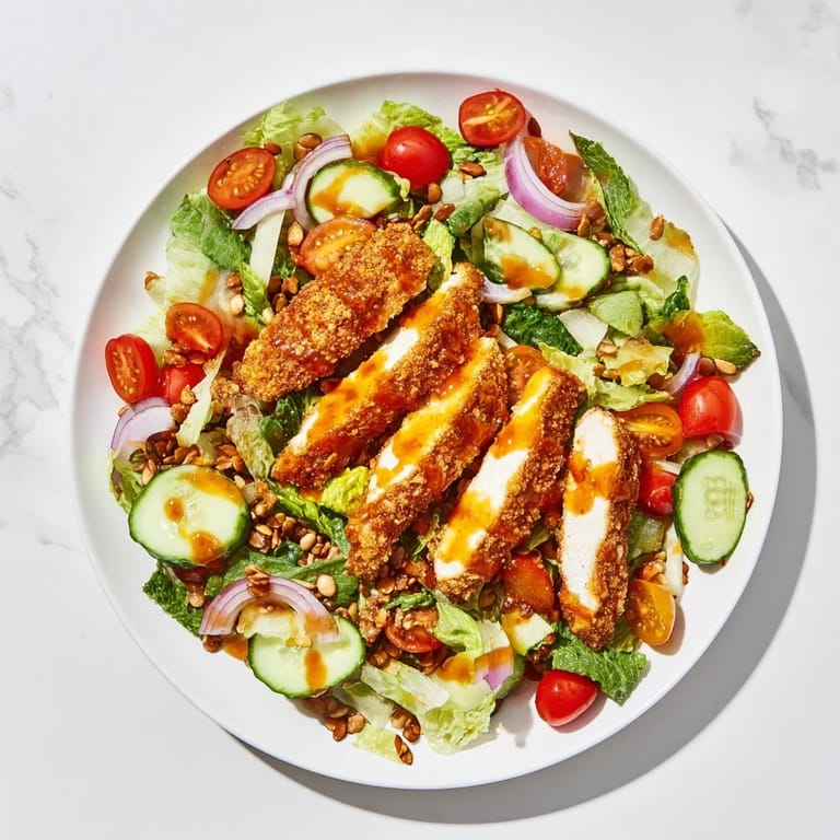 A serving of Crispy Hot Honey Chicken Salad topped with crunchy mixed seeds and fresh herbs on a rustic plate.  