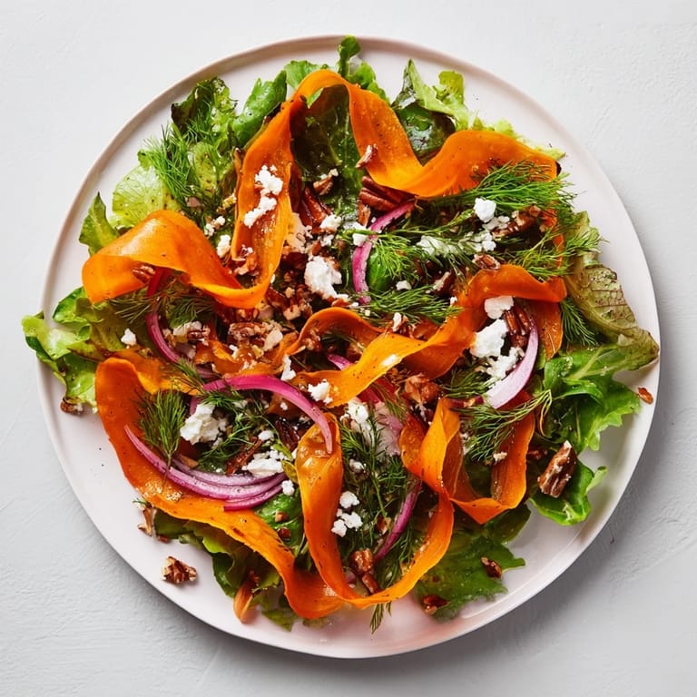 Golden, caramelized carrot ribbons arranged over a bed of arugula and spinach with a glistening honey-mustard dressing.  
