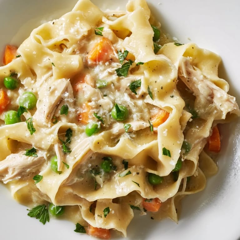 Family-friendly Spring Chicken Noodle Skillet with colorful vegetables, savory chicken, and golden noodles garnished with Parmesan.