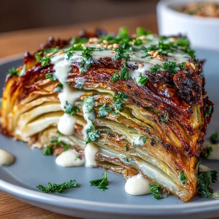 Golden roasted cabbage steaks with tahini drizzle and fresh parsley garnish on a serving platter.