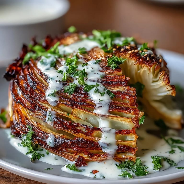 Four roasted cabbage steaks with tahini drizzle on a platter, garnished with parsley and lemon wedges.