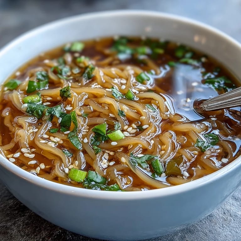 Close-up of Shirataki Noodles With Broth, highlighting steaming ginger-infused broth, fresh herbs, and vibrant red chili slices for a light meal.