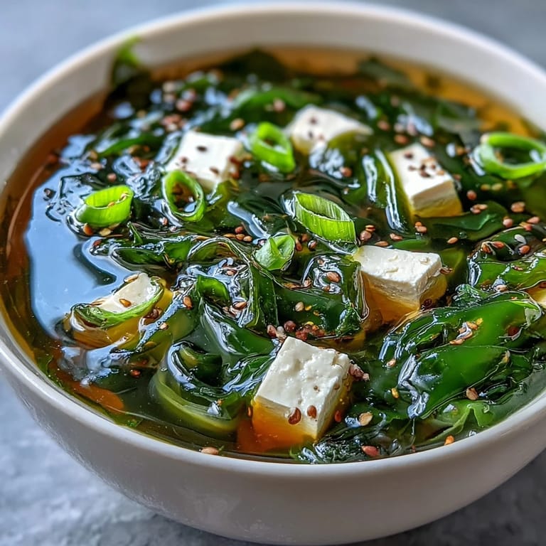 A close-up of nourishing Japanese wakame soup with glistening miso broth, cubes of tofu, and vibrant green seaweed.  