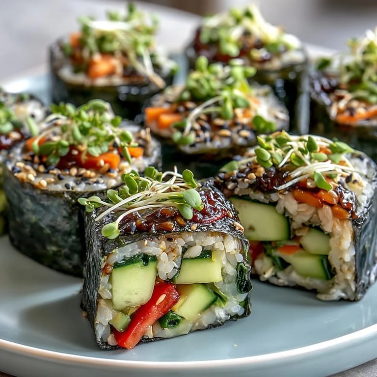 Colorful Nori Rolls with Vegetables served with dipping sauce, pickled ginger, and wasabi for a light Japanese-inspired snack.