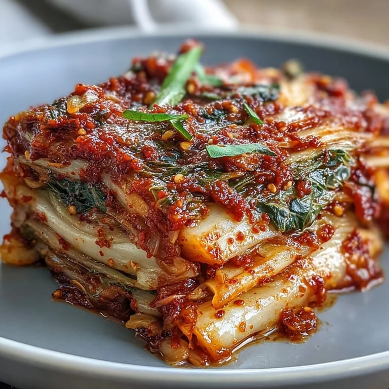 Kimchi recipe showcasing crisp napa cabbage and spicy chili paste.
