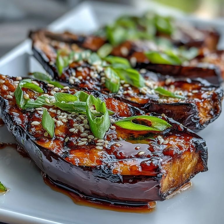 Golden-brown Miso Glazed Eggplant served warm on a plate, garnished with fresh green onions and toasted sesame seeds.