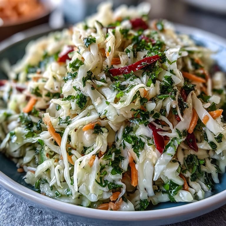 Healthy vegan Sauerkraut Slaw served chilled, perfect as a crunchy topping for grilled sausages or as a fresh probiotic side salad.