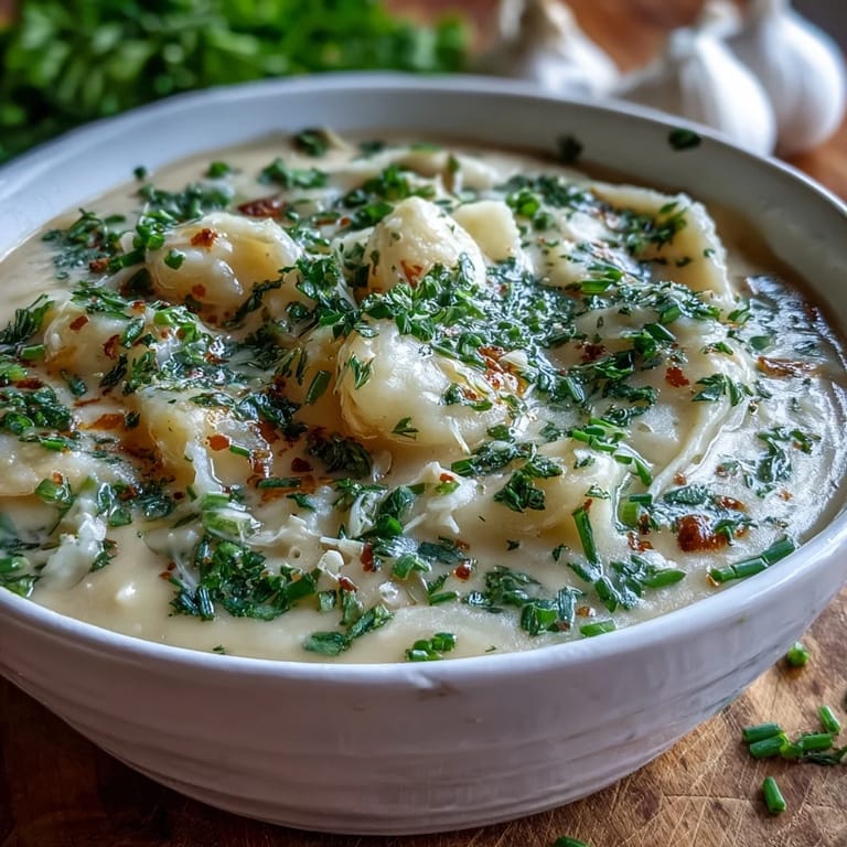 A comforting bowl of garlic and herb soup topped with grated Parmesan and fresh herbs for color.