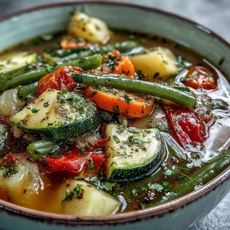 Close-up of Italian Herb Vegetable Soup, featuring tender potatoes, celery, and green beans in a rich tomato broth.