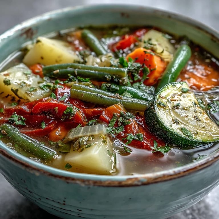 Hearty Italian Herb Vegetable Soup served hot with fresh parsley, showcasing a vibrant mix of Mediterranean vegetables.