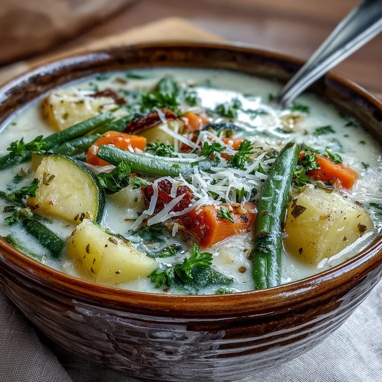 Comforting Parmesan Veggie Soup in a rustic mug, featuring tender carrots, zucchini, and green beans in a savory broth.  