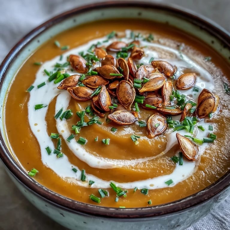 A comforting bowl of golden acorn squash soup, topped with pumpkin seeds and a swirl of cream.