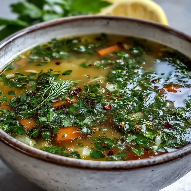 Colorful citrus herb soup topped with parsley and lemon zest, served alongside crusty bread.  