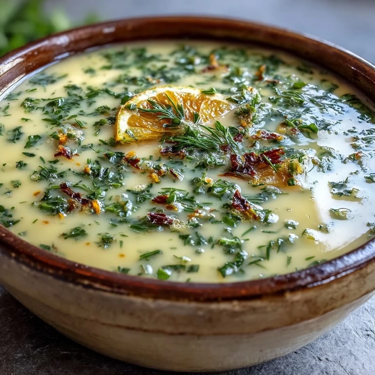 A warm bowl of lemon herb soup with fresh herbs, offering a bright, refreshing aroma.